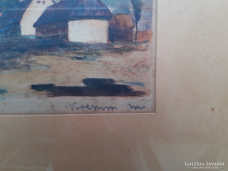 Village houses with cream marking - old colored etching