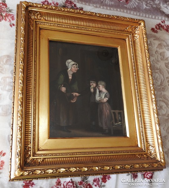 Museum quality antique painting - family life oil / wood