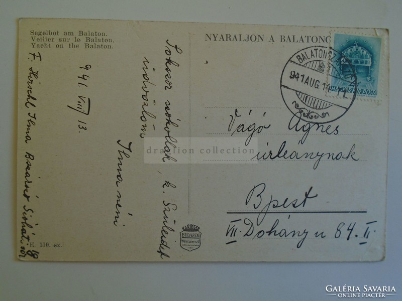 D184938  Régi képeslap  - Balatonszárszó - Vitorlás a Balatonon  Hirsch Ilma  1941