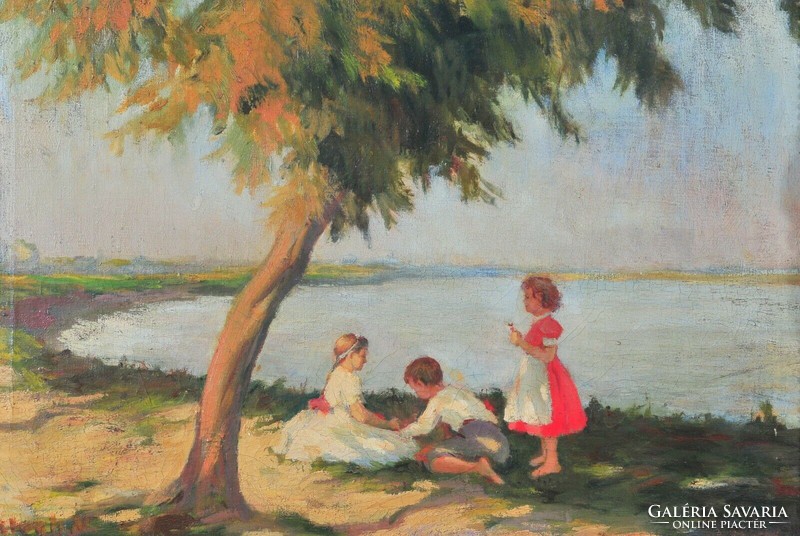 Unknown artist, kids on the river bank