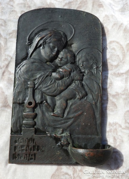 Madonna della sedia antique bronze holy water holder, hanging on the wall 26x17 cm