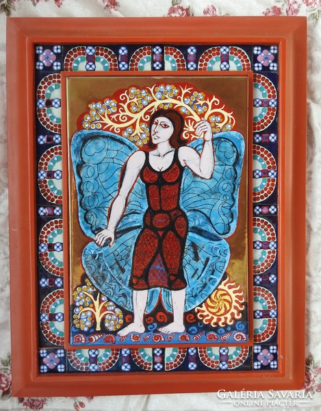 Stefániay edit fire enamel picture - butterfly miss - with mosaic fire enamel ornament frame
