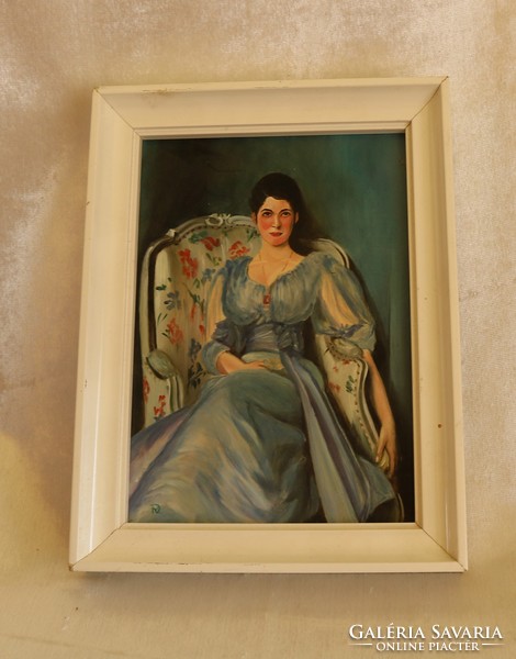 Lady in blue dress signed oil painting xx. First half of century