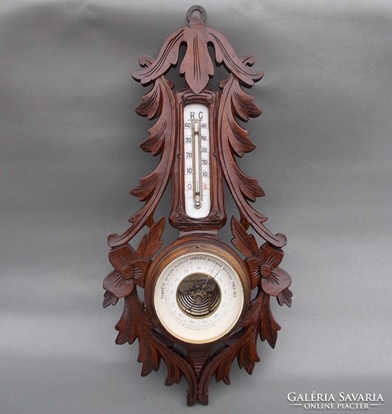 Antique wooden wall barometer thermometer