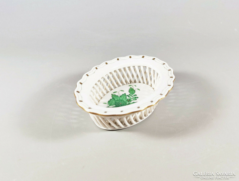 Herend, apponyi green hand painted small porcelain basket, flawless! (I113)