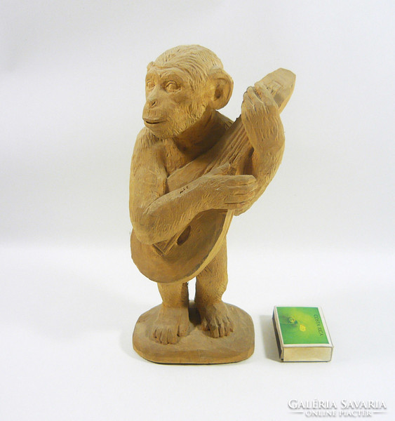 Guitar monkey 21 cm signed hand-carved wooden sculpture, flawless! (F037)
