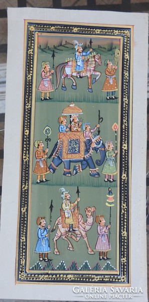 Indiai selyemkép festmény : Ló elefánt és teve díszmenet