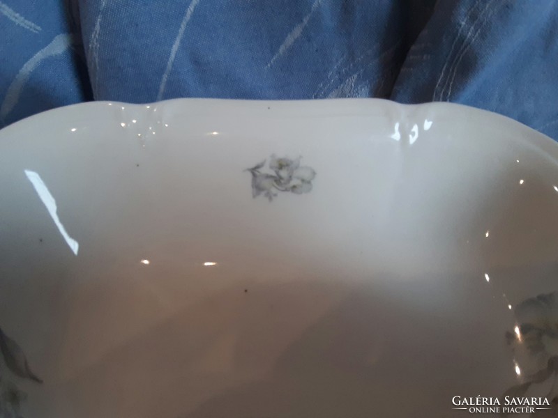 Régi Drasche szögletes porcelán köretes, pörköltes tál, szürke virág mintával
