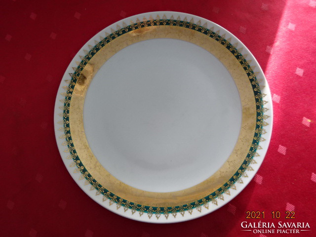Czechoslovakian porcelain flat plate with antique, green and gold edging. He has!