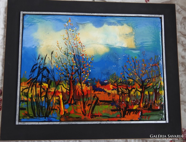 Cs. Uhrin tibor fire enamel pictures - Csaba landscape with flowering trees