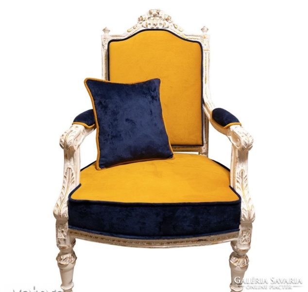 Oak classicist style armchair with mustard yellow and navy blue cover