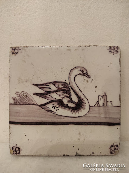 Antique delft porcelain tiles floating swan bird motif 18-19 Century delft nr. 248