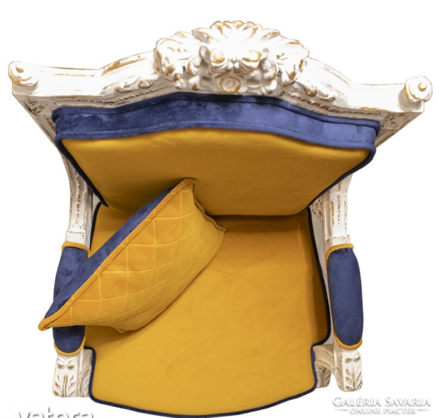 Oak classicist style armchair with mustard yellow and navy blue cover