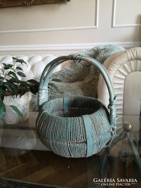 Exotic turquoise seaweed basket with handmade steamed wooden handles, 26 x 30 cm