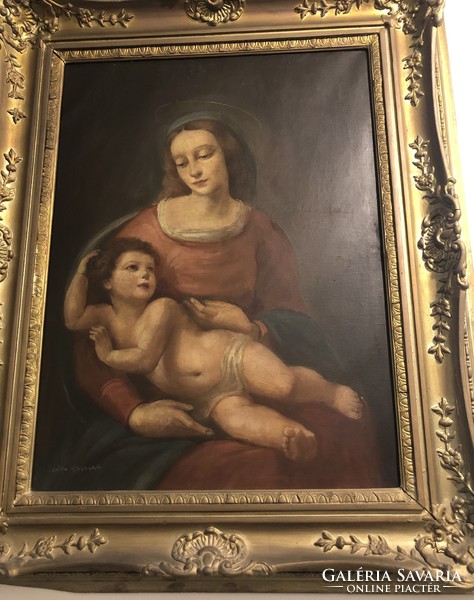 Oil painting by Béla Madonna Jr. with her child