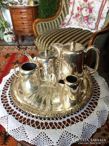 Beautiful, sheffield, shiny surface, silver-plated tea and coffee serving set on elegant tray