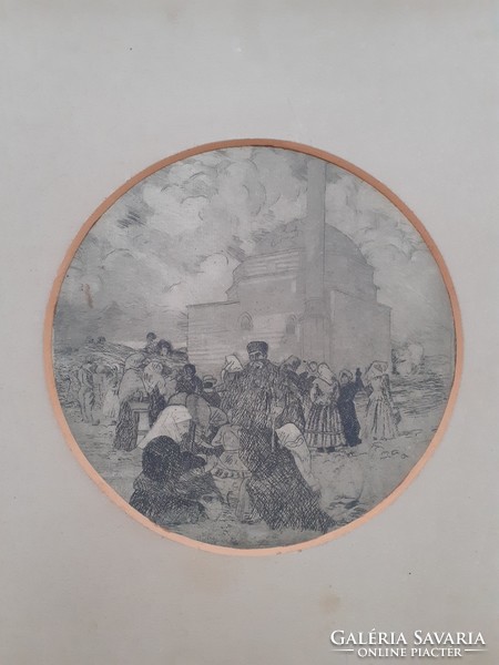 Market life image, unknown old etching, circular