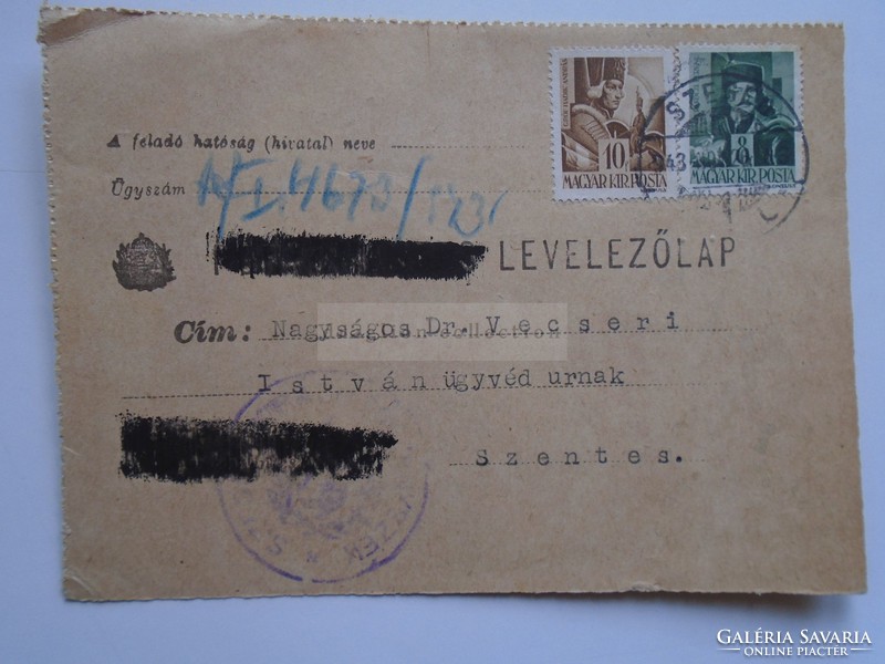 D185267  Levelezőlap SZEGED 1943 -Vecseri István ügyvéd úrnak címezve -SZENTES
