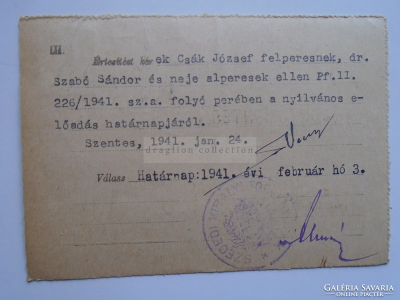 D185266 Levelezőlap SZEGED 1941 -Vecseri István ügyvéd úrnak címezve -SZENTES