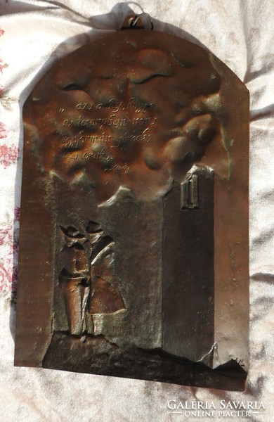 Krudy idézetes és jelenetes - jelzett MÁ - bronz dombormű - falikép kisplasztika