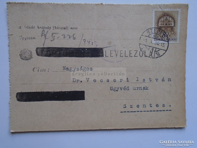 D185266 Levelezőlap SZEGED 1941 -Vecseri István ügyvéd úrnak címezve -SZENTES