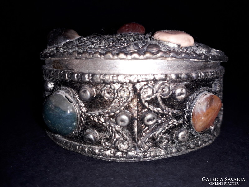 Larger metal filigree jewelry box with mineral stones