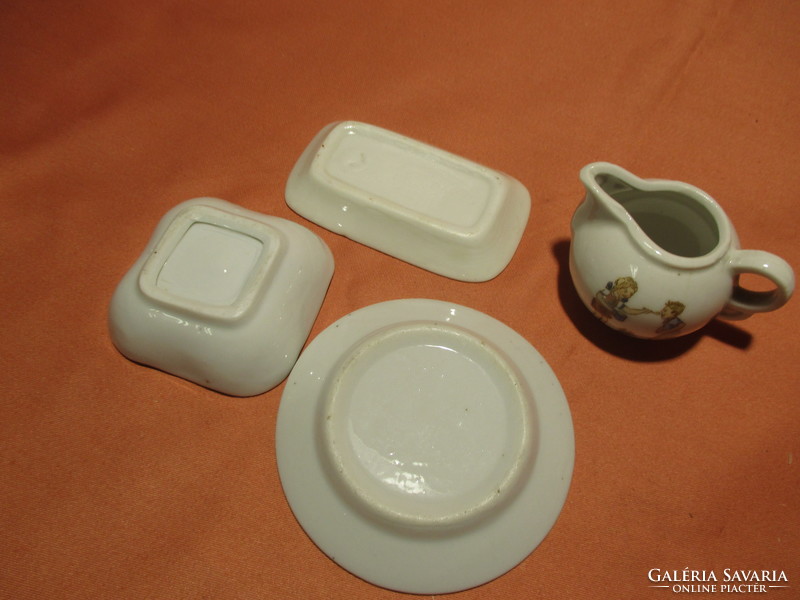 Old porcelain baby tableware pieces, plate, bowl, pouring, sauce