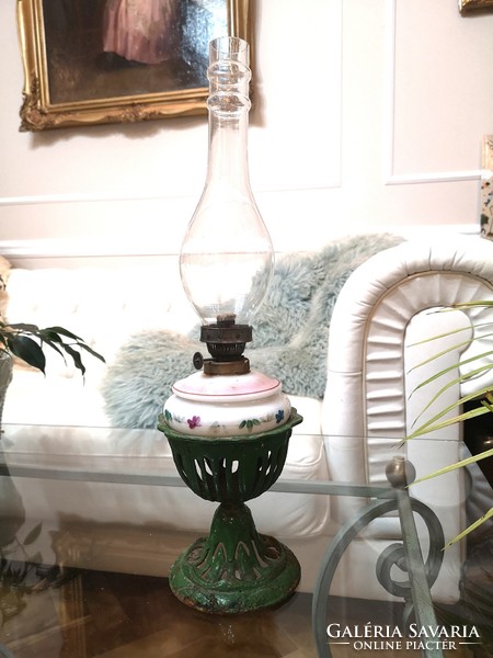 Antique Art Nouveau kerosene lamp intact, blown, broken glass container and lamp glass