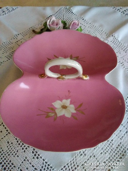 Antik porcelán asztalközép pink színnel, kézi festéssel az Osztrák-Magyar Monarhiából.