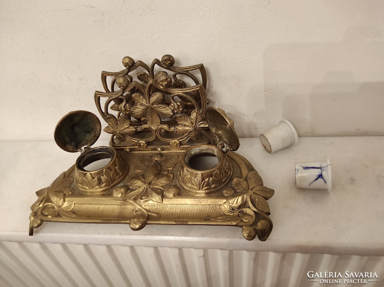 Antik szecesszió jugendstil asztali réz tintatartó levél tartó porcelán betétekkel
