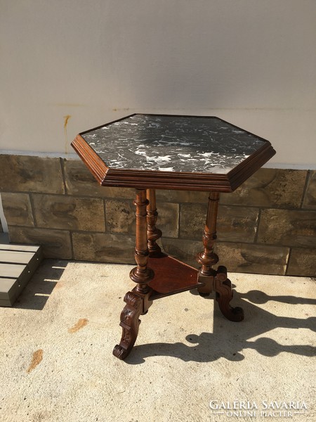Old German salon table with hexagonal marble top