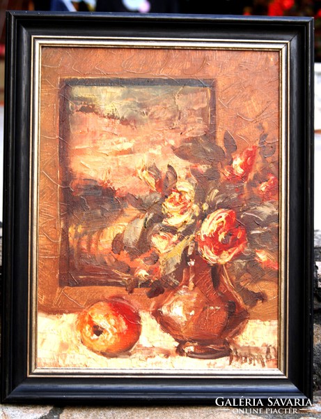 Miha: expressive still life with apples, 1967 - oil painting, framed