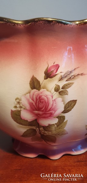 Csodás antik rózsás fajansz kaspó 16,5x14 cm