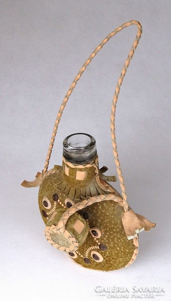 1G590 old split leather water bottle ethnographic object 12 cm