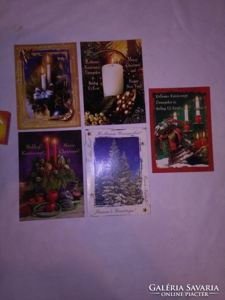 Five pieces of retro, unwritten Christmas postcards together