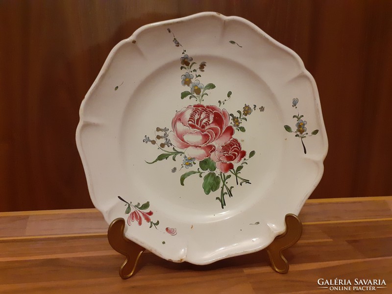 Ónmázas fajansz tányér 18. század, Hannong Strasbourg, hibátlan rózsás, vitrin állapot