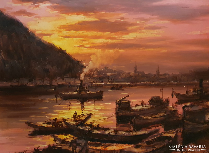 ákos Bánfalvy: Budapest skyline with ships, oil painting