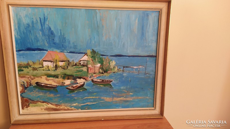 Waterfront painted with sloppy elegance, boats painting 52x67 cm