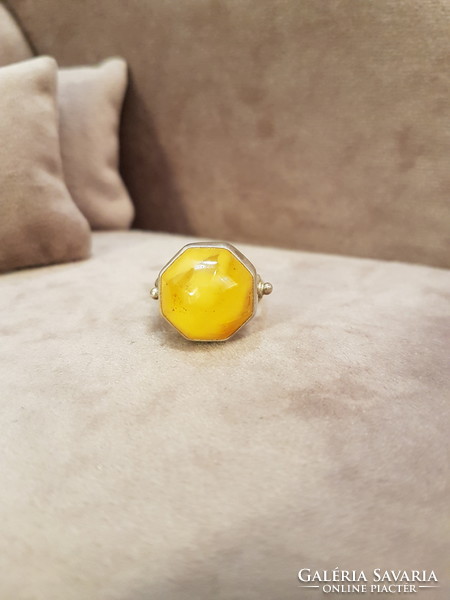 Silver ring with polish honey amber