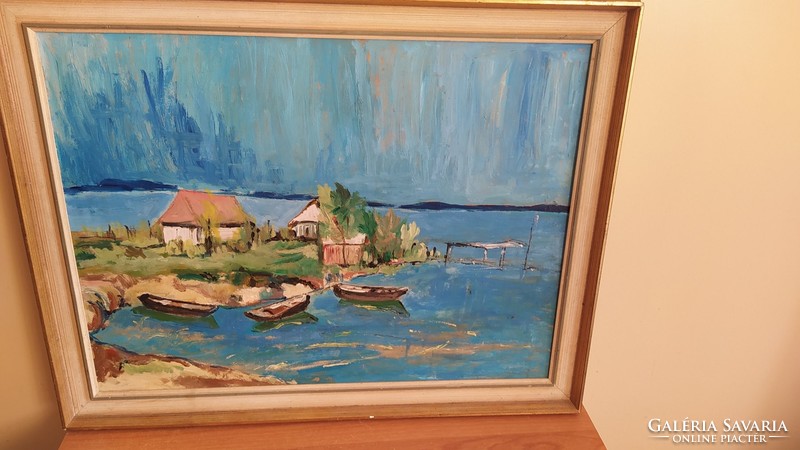 Hanyag eleganciával megfestett vízpart, csónakok festmény 52x67 cm