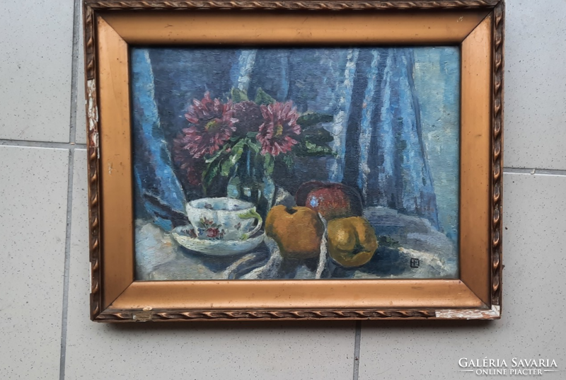 Still life with cup, fruits and flowers (oil, 40x30 cm) unidentified sign
