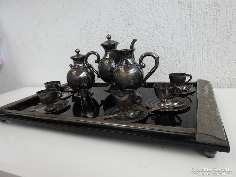 Japán szecis ezüstözött kávékészlet -teljes szett az 1800-as évekből tálcával