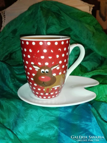 Christmas polka dot Rudolph mug with Italian cocoa, cup and saucer with plate. 3 Dl.