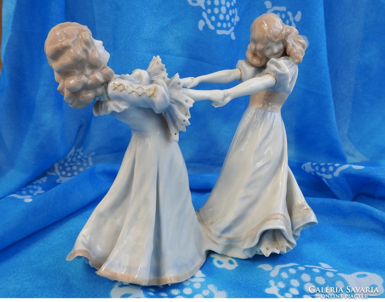 Dancing Girls - marked antique porcelain sculpture from a 1800s porcelain manufactory