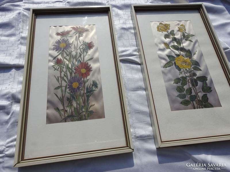 Bécsi műkereskedésből : Selyemfestmény pár - Virágok