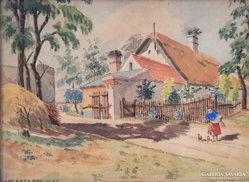 Peaceful street view from 1940, gamásza - village around Lake Balaton (aquarell, 46x35cm) somogy county