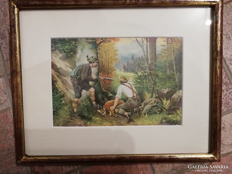 Hunting scene lithography in a glazed frame