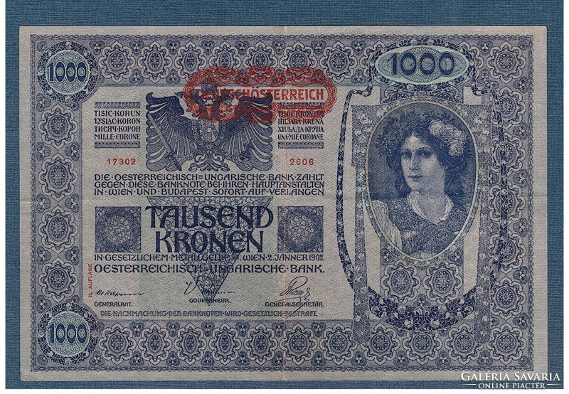 1000 Korona 1902 Vf ++ Deutschösterreich bélyegzés Hátlap II. kiadás hátlap Ornament