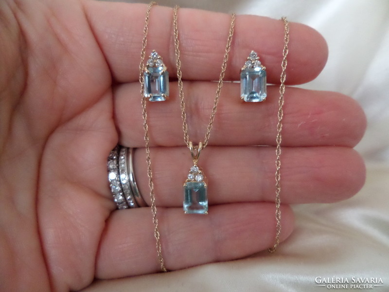 Glasses - blue topaz gold pendant with chain and pair of earrings / set // set