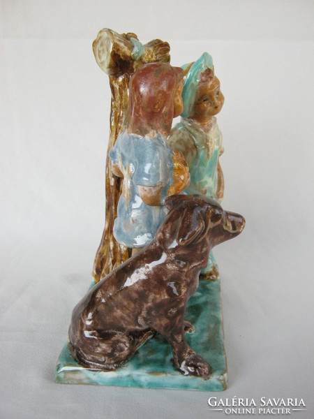Retro ... F. Kun Márta iparművész kerámia szobor kislány és kisfiú kutyával